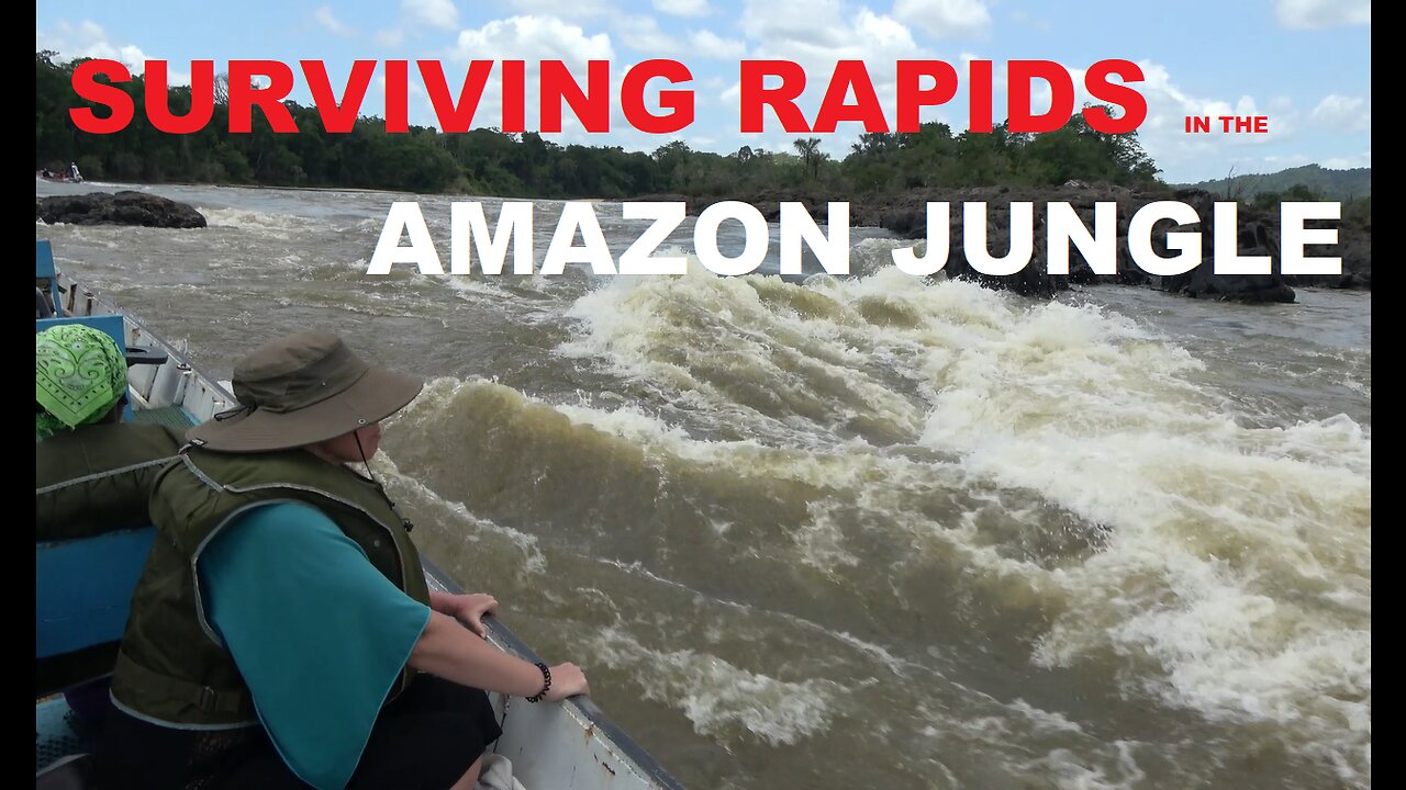 Amazon jungle: A thrilling rapids crossing voyage to a nice river beach for picnicking.