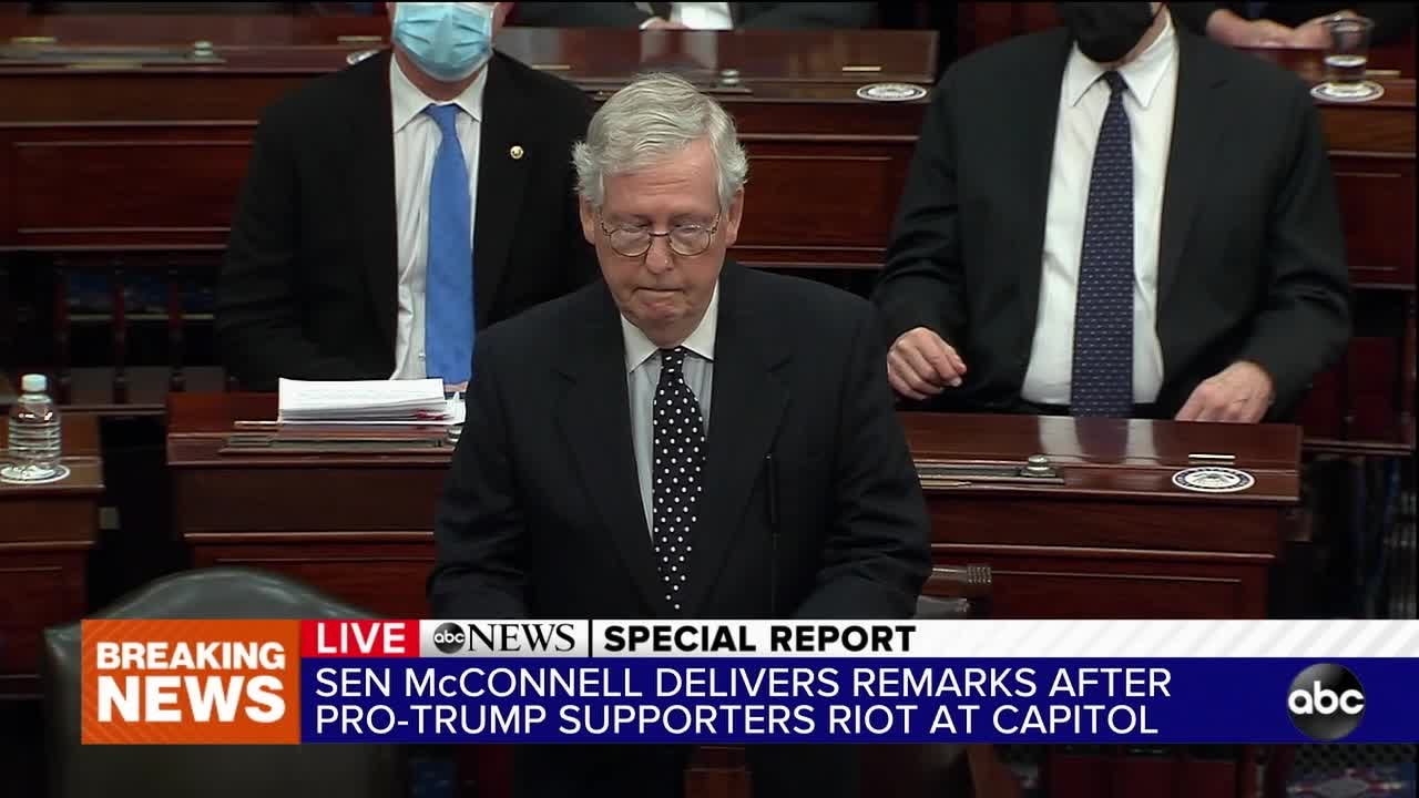 Sen. Mitch McConnell delivers remarks after pro-Trump riot at Capitol