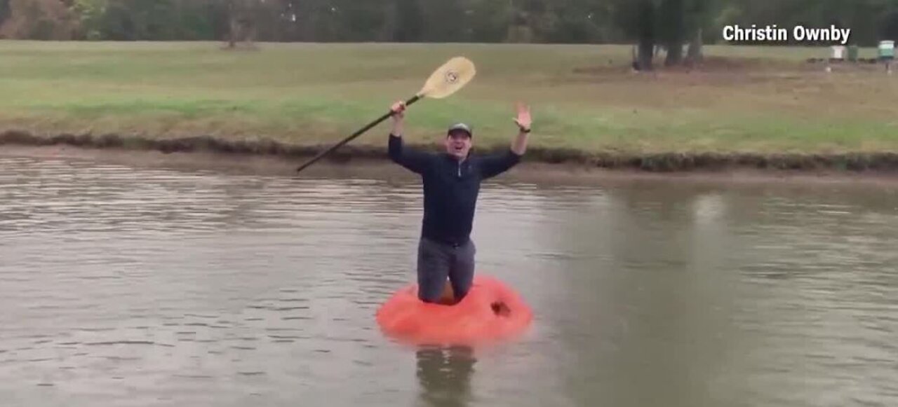 Man turns pumpkin into a boat