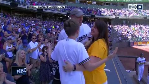 Military dad surprises family at Brewer game