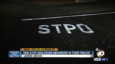 Stop sign spelled 'STPO' at Lemon Grove intersection