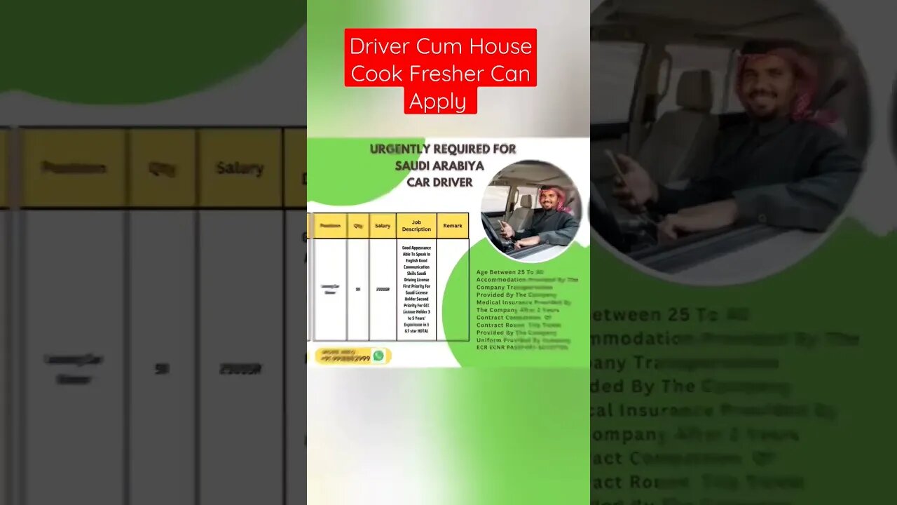 Car Driver For Company | House Cook Cum Driver Job #shorts #virul