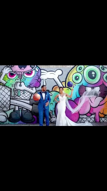 Bride & Groom play quick game of basketball before their wedding