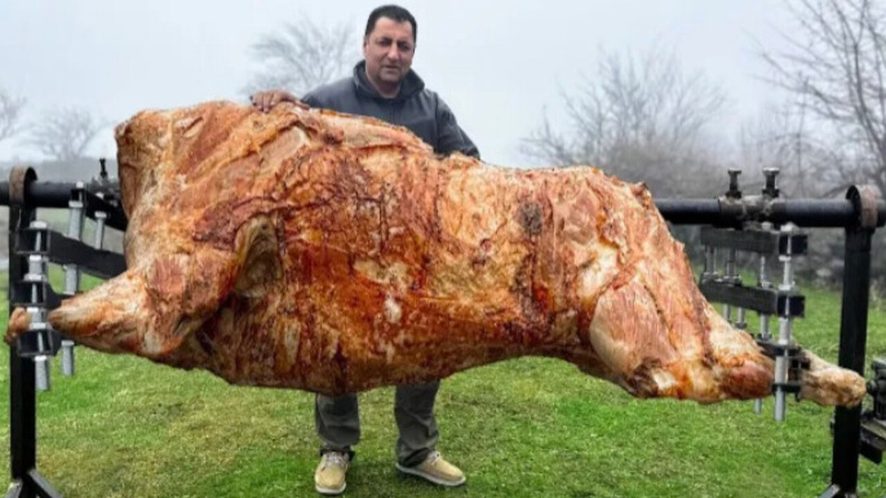 Roasted a Huge Bull on a steel spit| The Best Meat I've Tasted