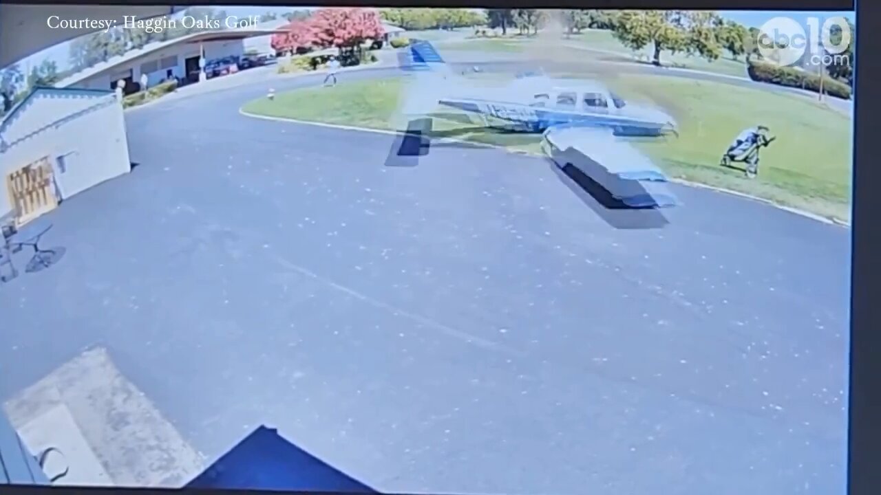 A small aircraft narrowly avoids a golfer during an emergency landing at a Golf Complex in CA