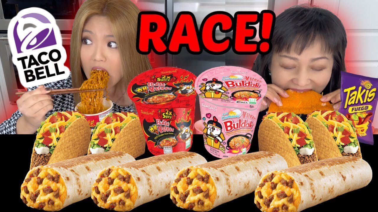 TACO BELL & SPICY BULDAK RAMEN NOODLE RACE EATING COMPETITION! 먹방