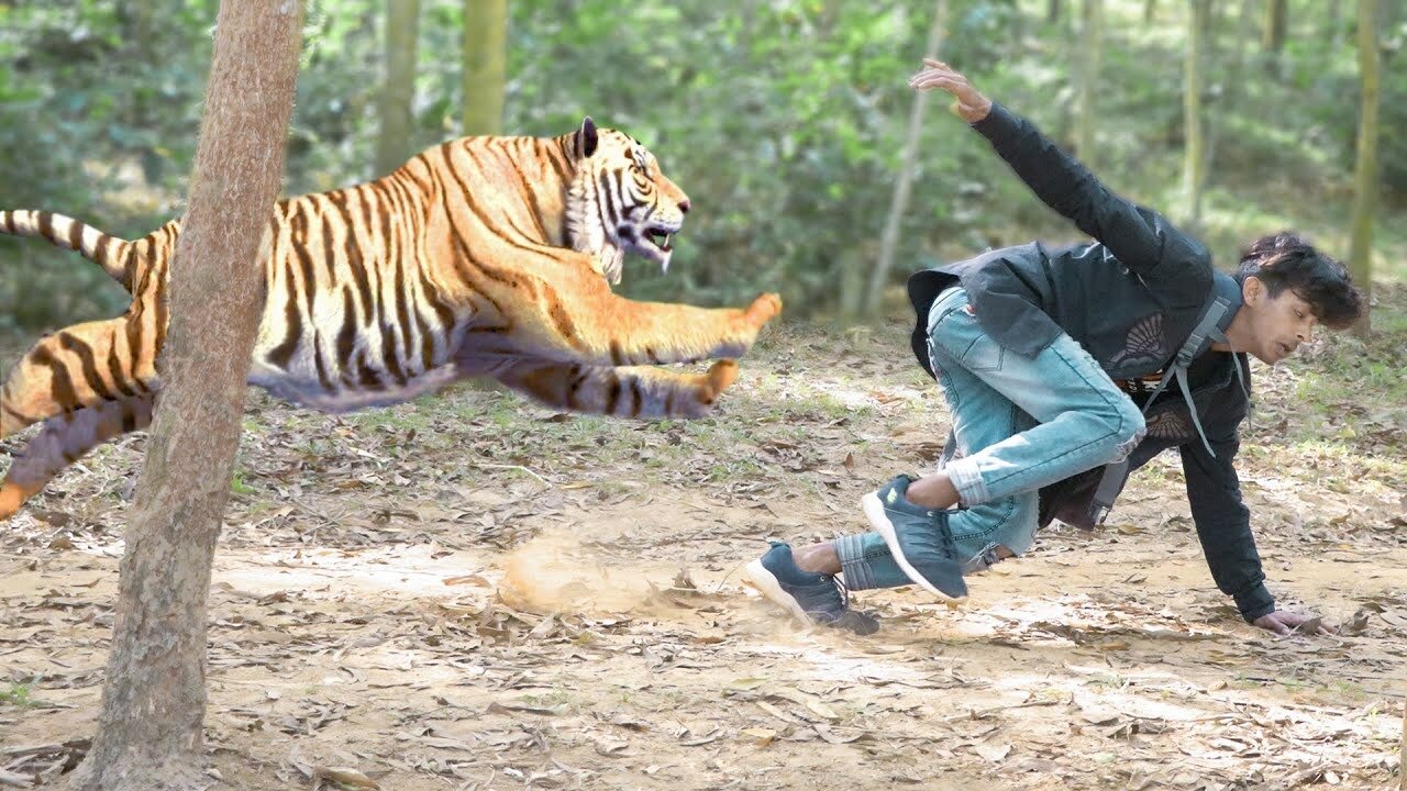 Tiger Attack Man in Forest - Fun Made Movie by Wild Fighter