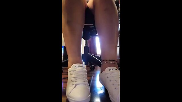 Women Shoeplaying In Her White Shoes Under The Desk 👣
