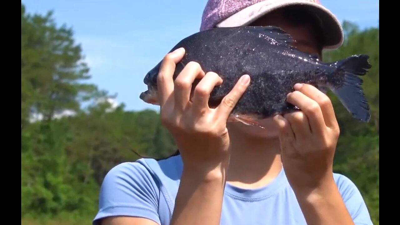 A beautiful girl from a fishing village caught a lot of fish