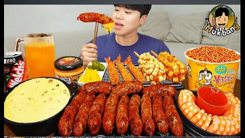 ASMR MUKBANG | Fire Noodles, Hot dog, Shrimp Cocktails, sausage recipe ! eating