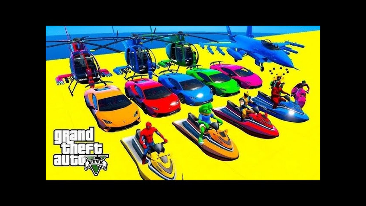 GTA V Mega Ramp Boats, Cars, Motorcycle with Trevor and Friends New Stunt Map Challenge