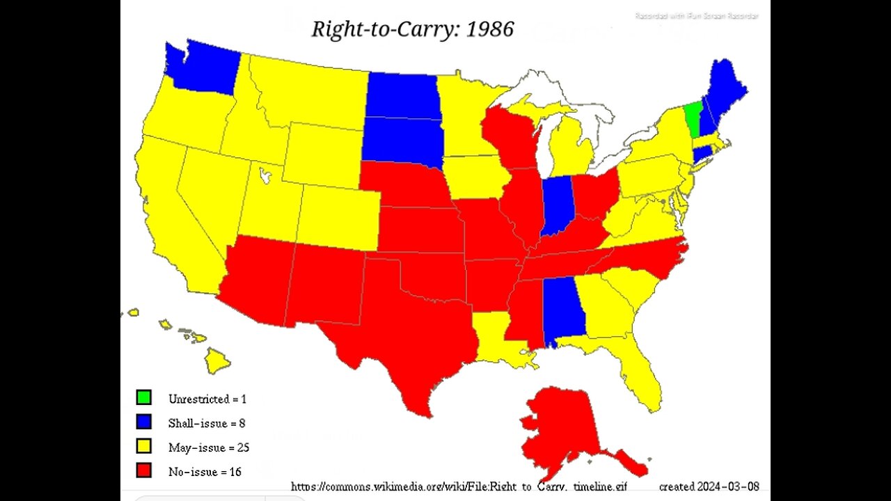 VIDEO PROGRESSION OF STATE GUN PERMITS FROM 1986 TO 2024 - 5 mins. GUN PERMITS-QUORA 11-25-2024-VIDEO OF PROGRESSION OF STATE GUN PERMITS FROM 1986 TO 2024 - UNRESTRICTED 1 TO 29 - SHALL ISSUE 8 TO 13 - MAY ISSUE 25 TO 8 - NO ISSUE 16 TO 0.