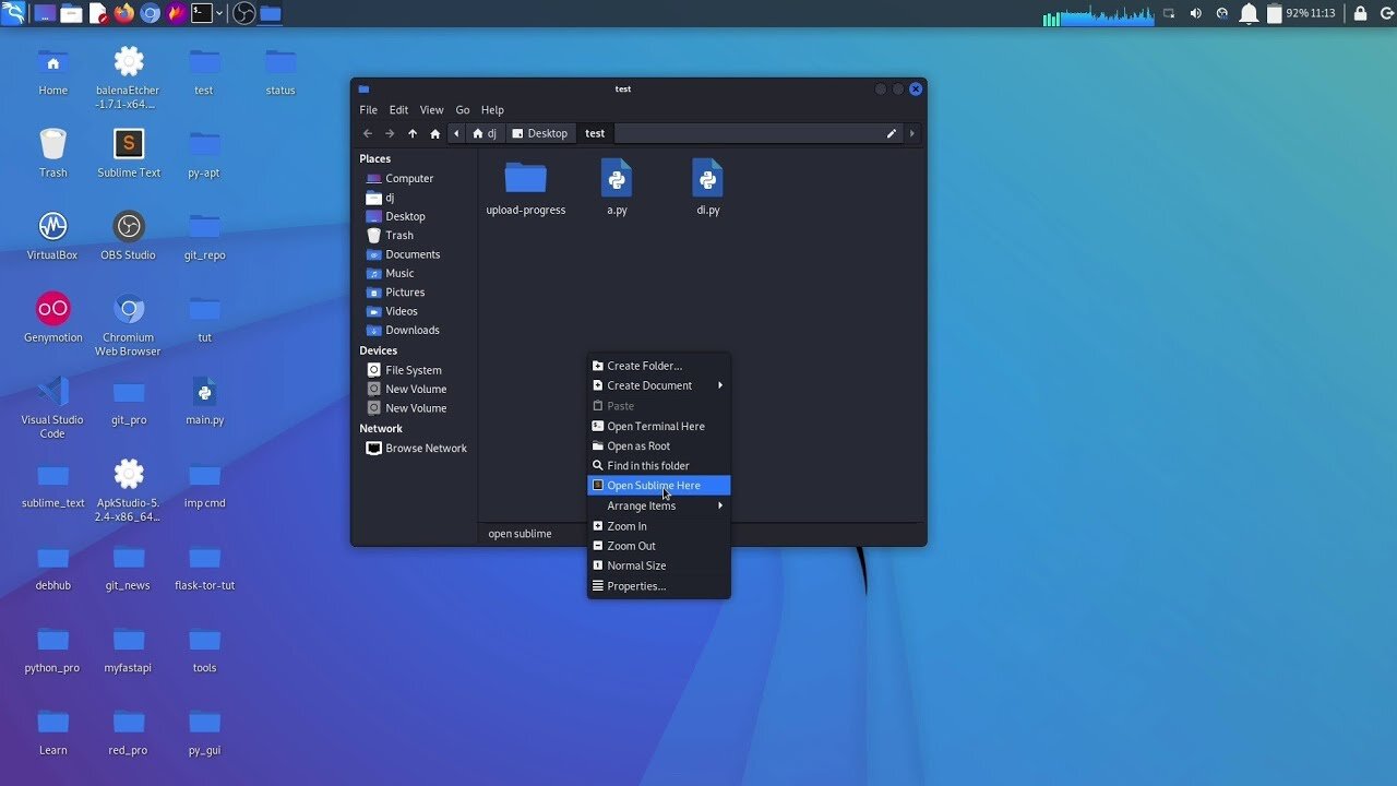 open text editor (sublime) here in thunar xfce | custom acti