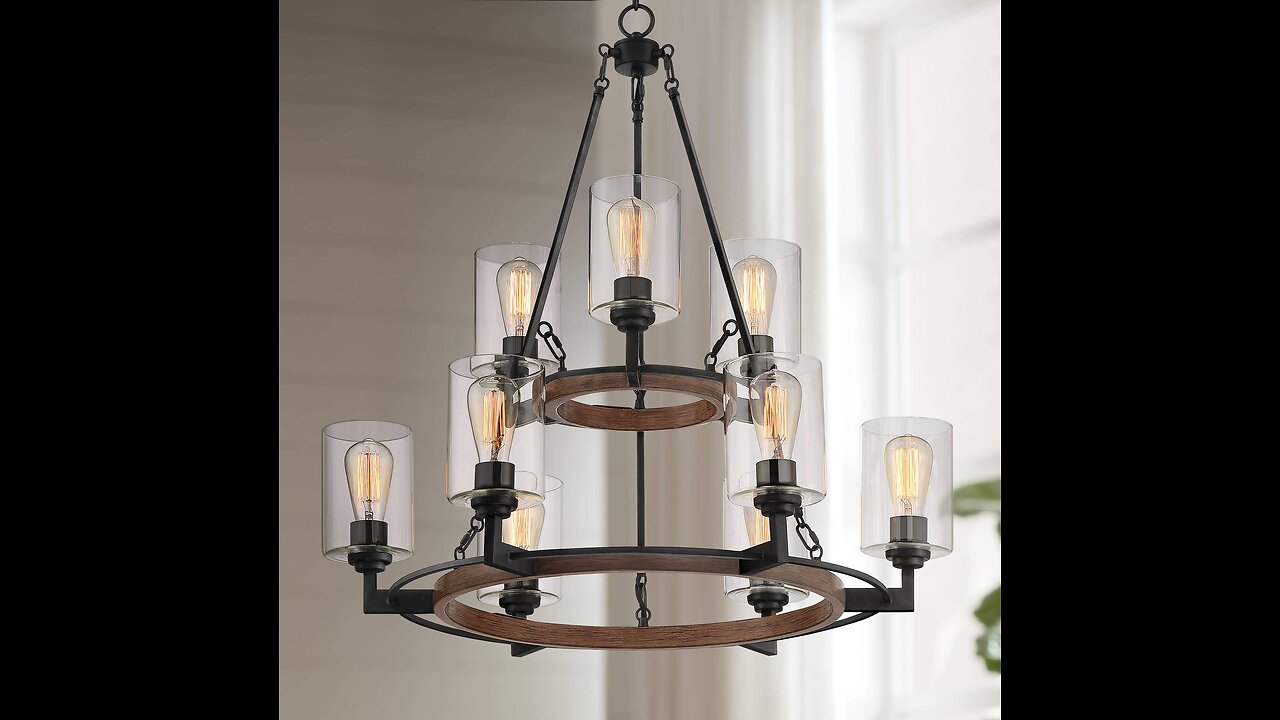 Sperry Industrial Bronze Chandelier 28" Wide Rustic Farmhouse Cylinder Scavo Glass 8-Light Fixt...