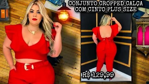 ✔️ CONJUNTO MODA FEMININA CROPPED CALÇA COM CINTO PLUS SIZE