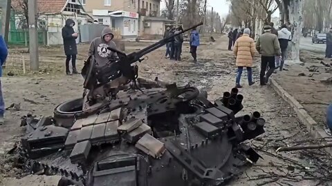 Remains of an Ukrainian tank T-64BV torn to pieces in Melitopol, Kherson oblast