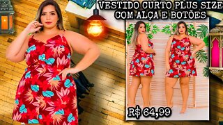 ✔️ VESTIDO FEMININO PLUS SIZE CURTO COM ALÇA E BOTÕES