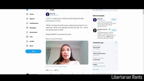 Ocasio Cortez says "Just say no" to Going Back to Work