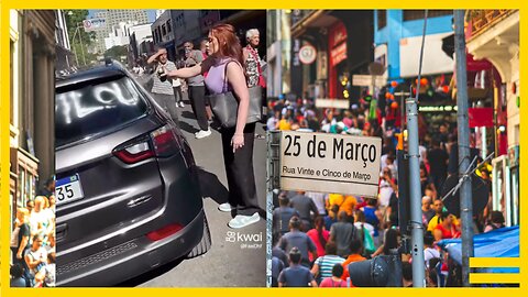 A mina pixando o Carro na Rua 25 de Março no centro de São Paulo 2023