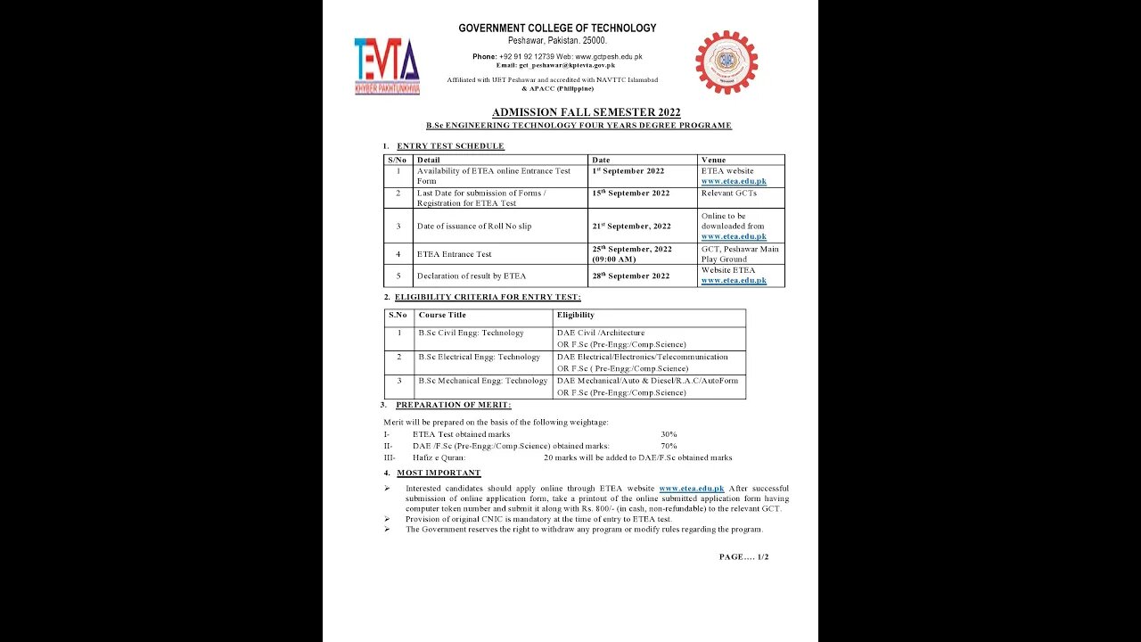 Admissions to B.Sc Engineering Technology in Civil, Electrical & Mechanical Technology