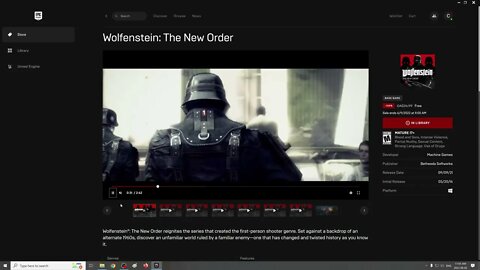 2022 Wolfenstein The New Order FREE on Epics games store