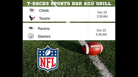 T-Backs Sports Bar and Grill Sports Schedule and Hot Dog Special for Sunday Dec 22, 2024