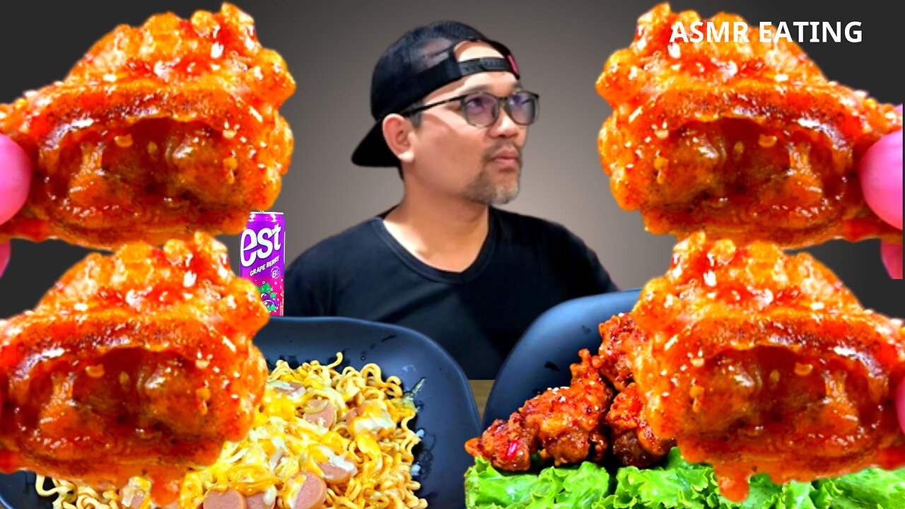 ASMR KOREAN SPICY FRIED CHICKEN & NOODLES EATING SOUNDS MUKBANG