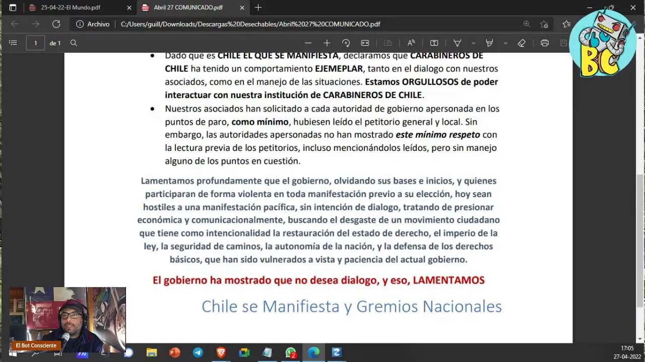 COMUNICADO OFICIAL "CHILE SE MANIFIESTA", 27 de Abril de 2022 por Paro Nacional