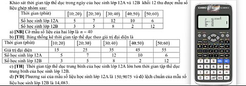 Thủ thuật CASIO: Xác suất: Khảo sát thời gian tập thể dục trong ngày của học sinh lớp 12A và 12B