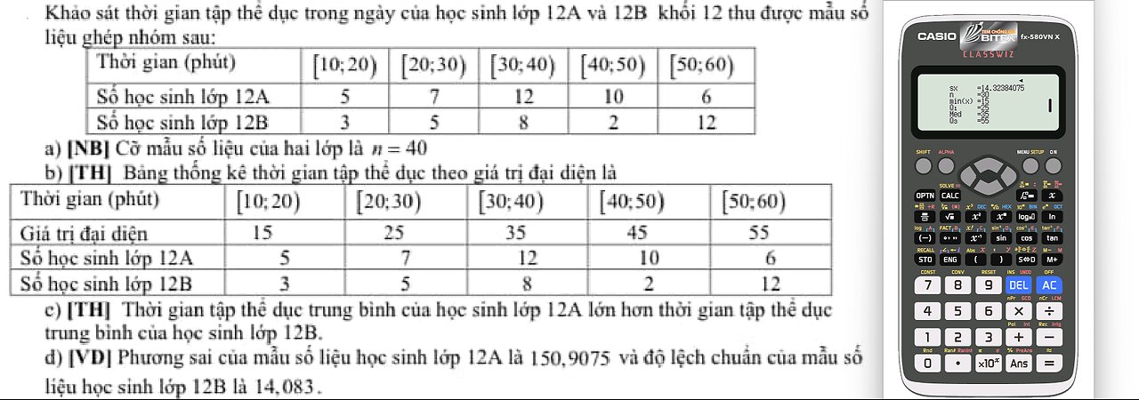 Thủ thuật CASIO: Xác suất: Khảo sát thời gian tập thể dục trong ngày của học sinh lớp 12A và 12B