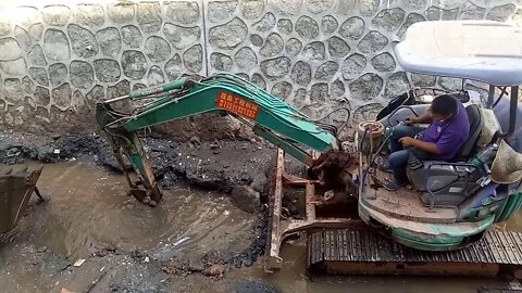 两辆挖掘机在清理污水，中国广东惠州