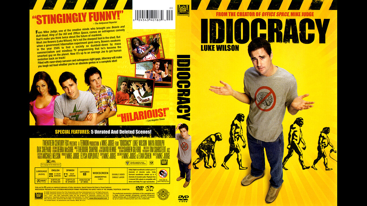 "Idiocracy" critiques modern society's tendencies toward ignorance and mediocrity.