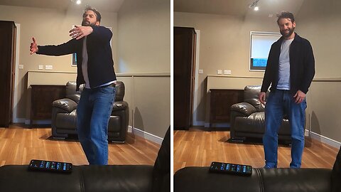 Husband practicing hugging looks totally hilarious