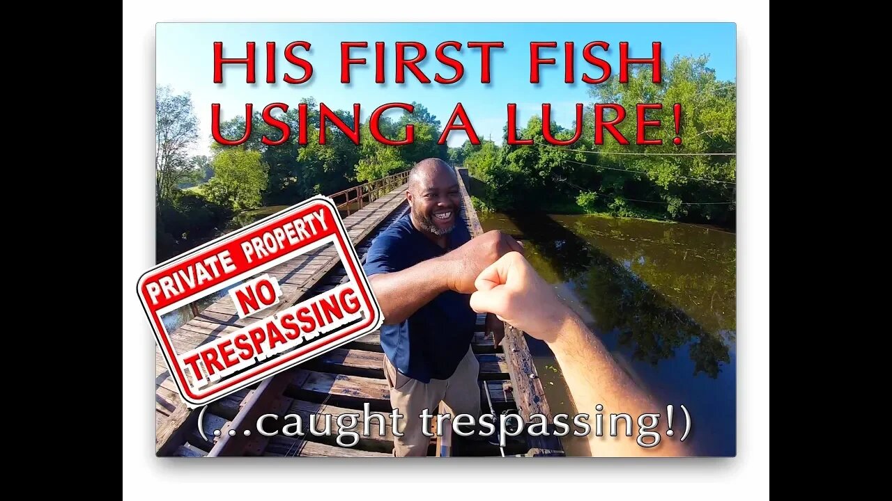 His first bass on a lure! (we get caught trespassing!)