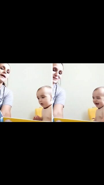 Baby laughs wildly as he sees his mommy imitating animals