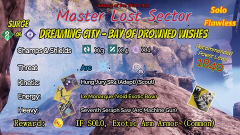 Destiny 2 Master Lost Sector: Dreaming City - Bay Drowned Wishes Solar Hunter Solo-Flawless 9-21-23