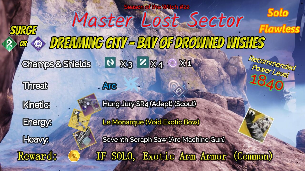Destiny 2 Master Lost Sector: Dreaming City - Bay Drowned Wishes Solar Hunter Solo-Flawless 9-21-23