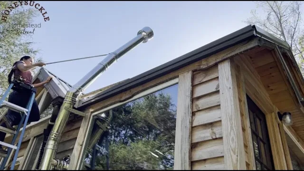 Tiny Wood Stove Installation Part 3 - straightening chimney & completing roof bracket on tiny house