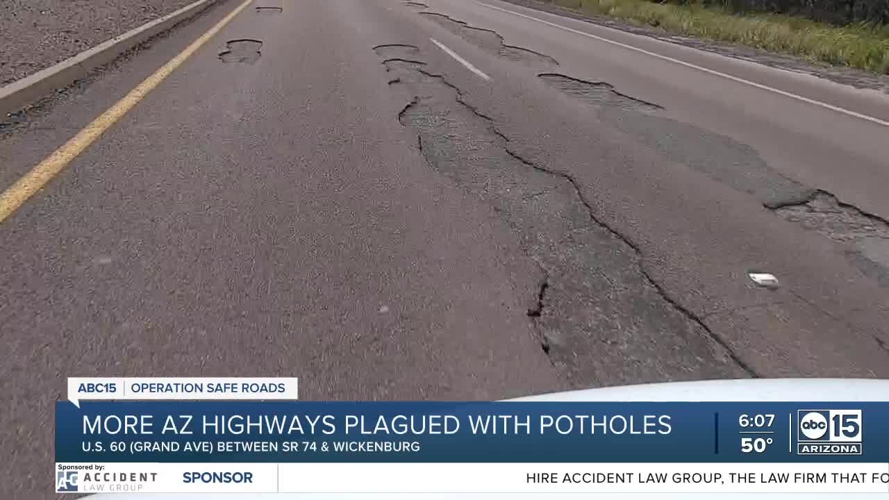 Dangerous potholes litter roadway between Phoenix and Wickenburg