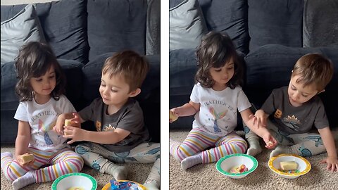 Cute Little Baby Girl Shares Her Treats With Her Little Brother