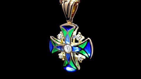 14K Gold Jerusalem Cross Pendant Stained glass enamel and 5 Diamonds