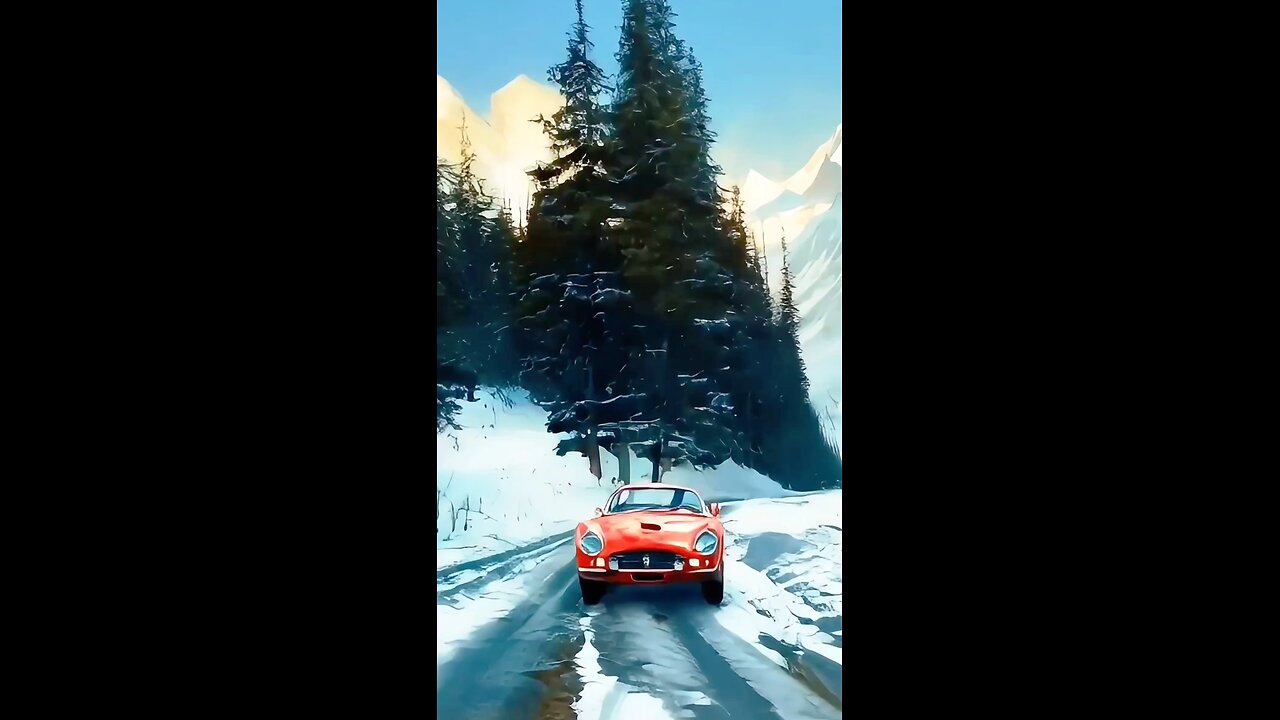 Traveling in snowfall with red car.