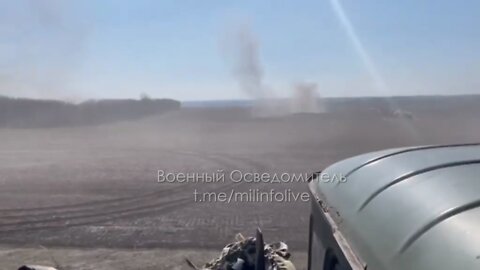 Ukrainian MLRS Grads leave their firing position seconds before Russian artillery strikes back