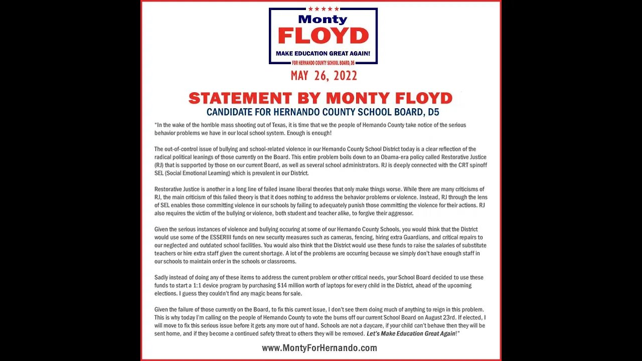 Monty Floyd - Statement Regarding School Safety and Bullying Problems...