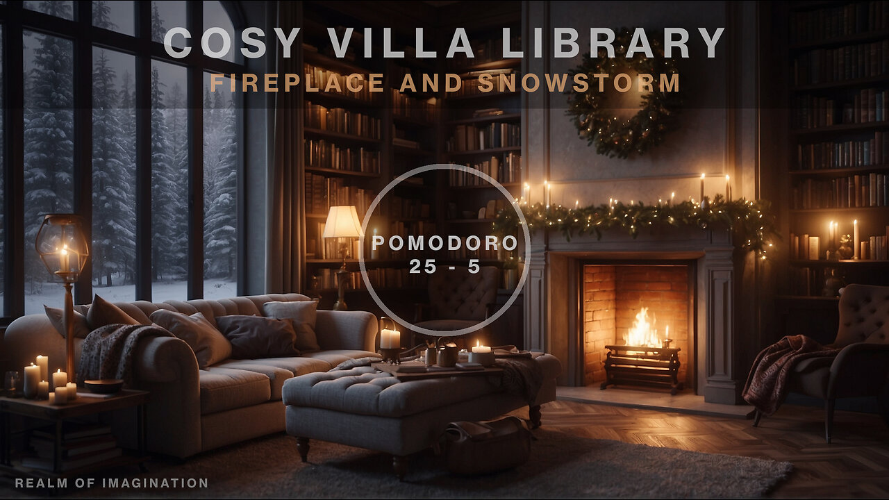 Pomodoro - Cosy Library With Blizzard And Fireplace Ambience - [25 min/5 min]