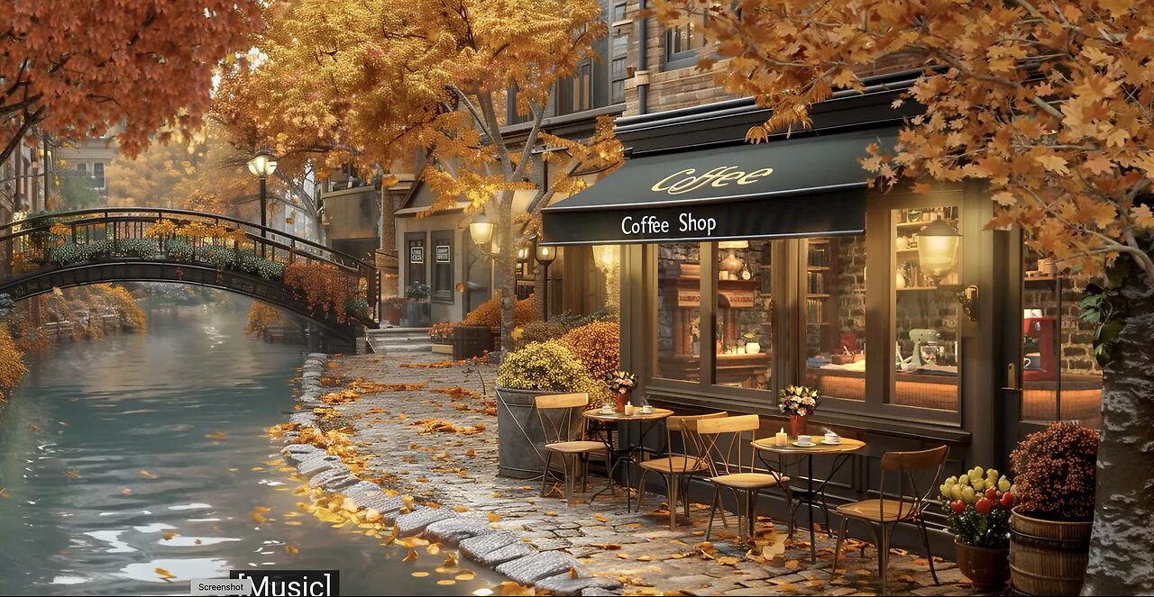 Calm Autumn Jazz Music to Relax Canalside Coffee Shop Ambience