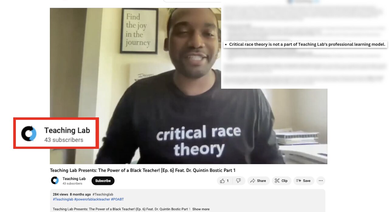 Teaching Lab Denies Promoting CRT Learning Models Yet Hosts Bostic CRT Discussion on YouTube Channel