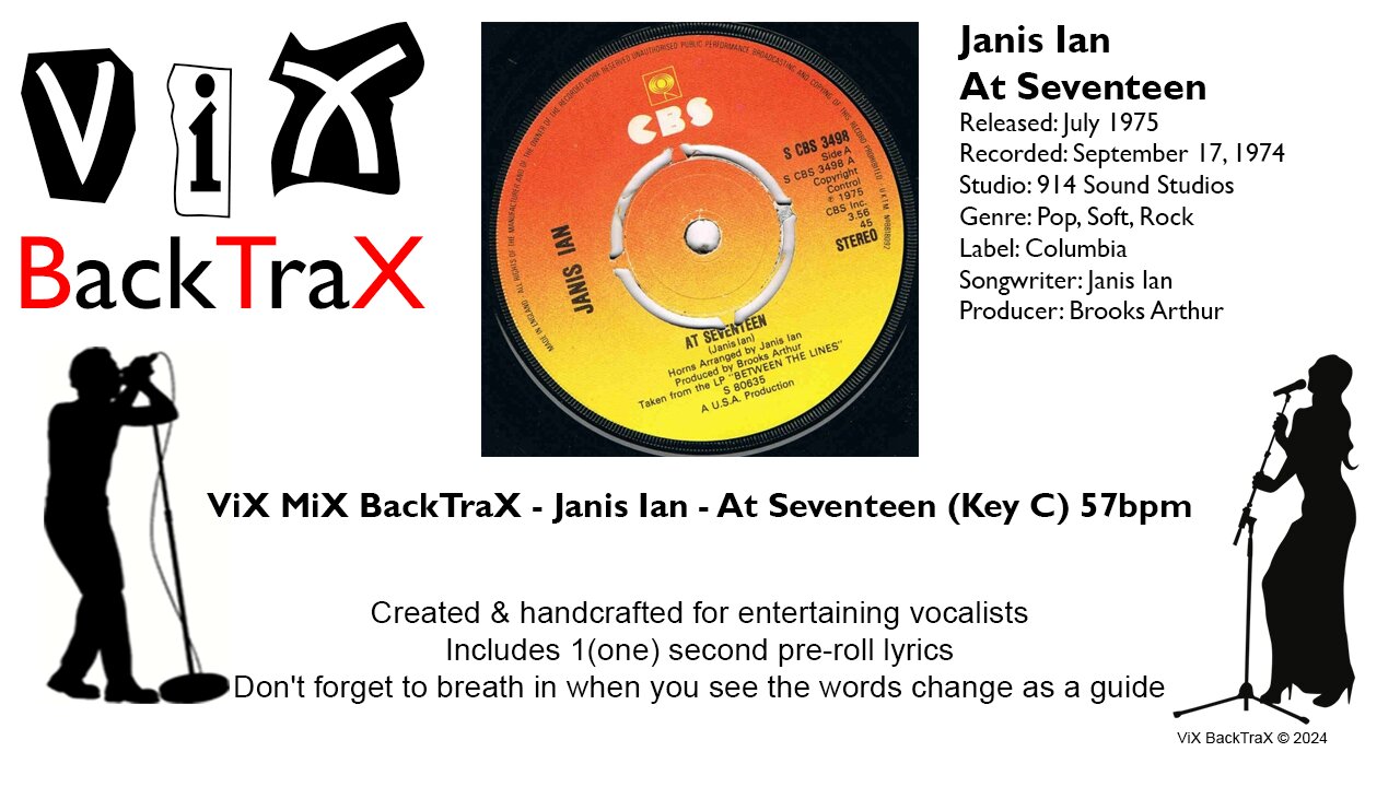 Janis Ian - At Seventeen (Key C) 57bpm (Original NON VOCAL Master) Karaoke