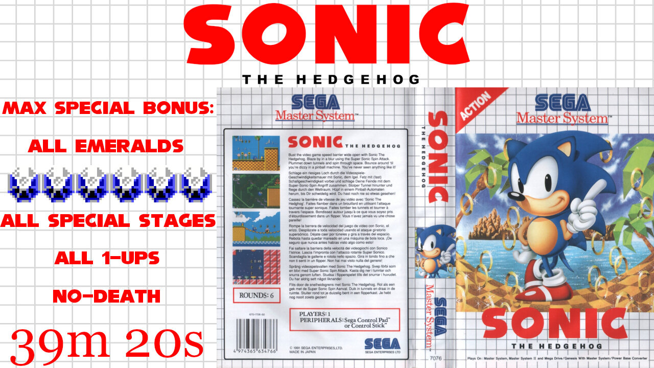 Sonic the Hedgehog 1 [SMS 1991] Max Special Bonus [39'20"] 8th place | SEGA Master System Marceau