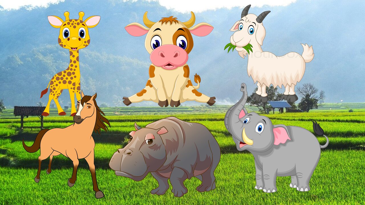 FIERCE SOUNDS! EAT GRASS : COW! GOAT! ELEPHANT! HIPPOPOTAMUS! HORSE! GIRAFFE! Animal Sounds Video!